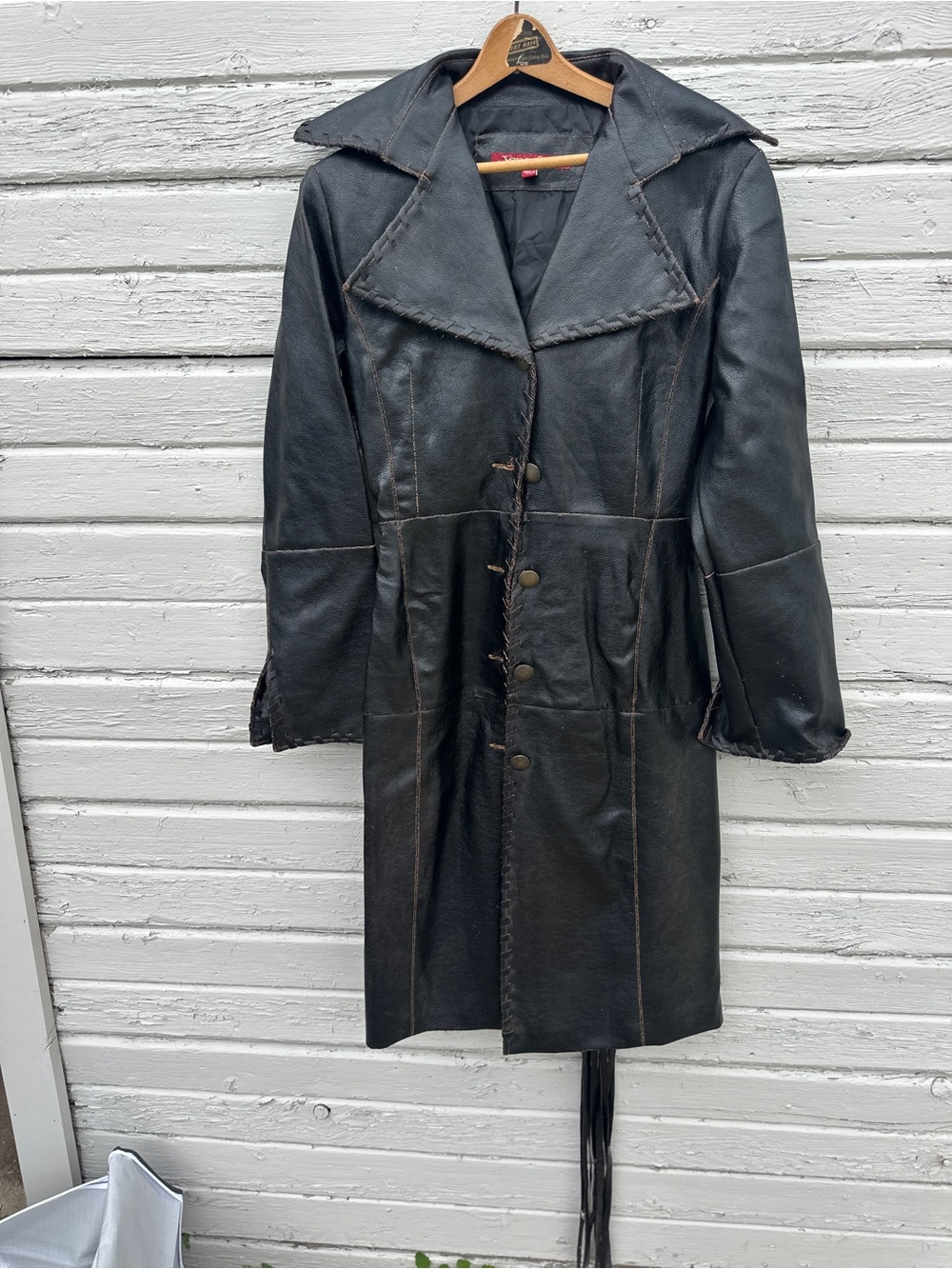 Jennyfer J Women's Black Leather Long Coat with Contrast Stitching